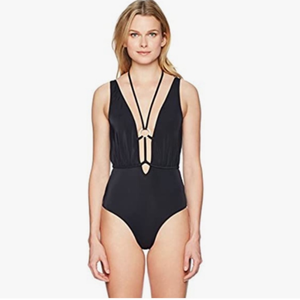 Guess Low Plunge Jet Black Swimsuit With Ring Detail Size Small